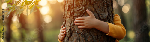 A child is hugging a tree trunk. Concept of warmth and connection between the child and nature. It also suggests the importance of appreciating and caring for the environment photo