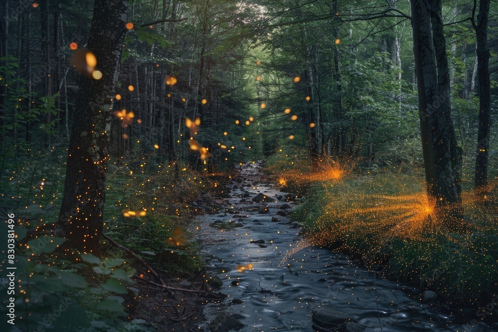 A serene stream flowing through a forest with magical fireflies. Ideal for nature and fantasy-themed projects