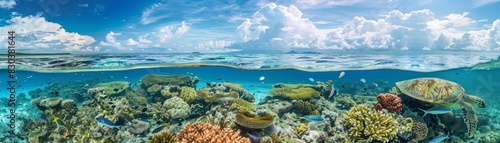 A beautiful underwater scene with a blue sky above. The water is teeming with life, including fish and coral. Concept of wonder and awe at the beauty of the ocean and its inhabitants