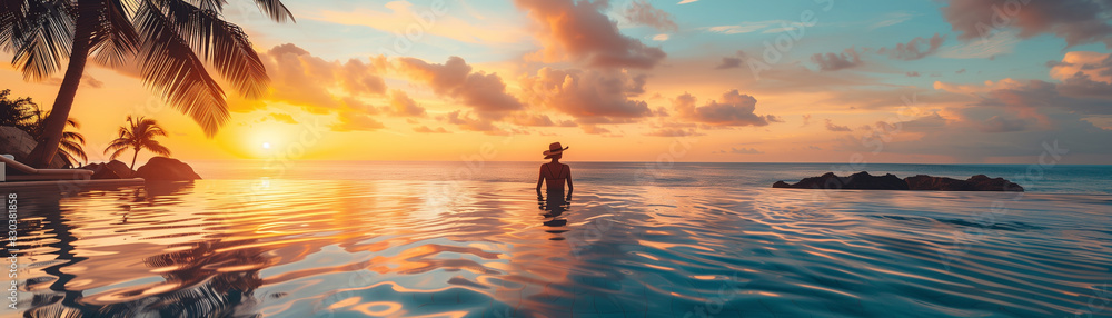 Obraz premium A woman is standing in the ocean at sunset. The water is calm and the sky is filled with clouds