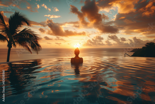 A woman is swimming in a pool with a beautiful sunset in the background. The scene is peaceful and relaxing  with the woman enjoying the moment in the water