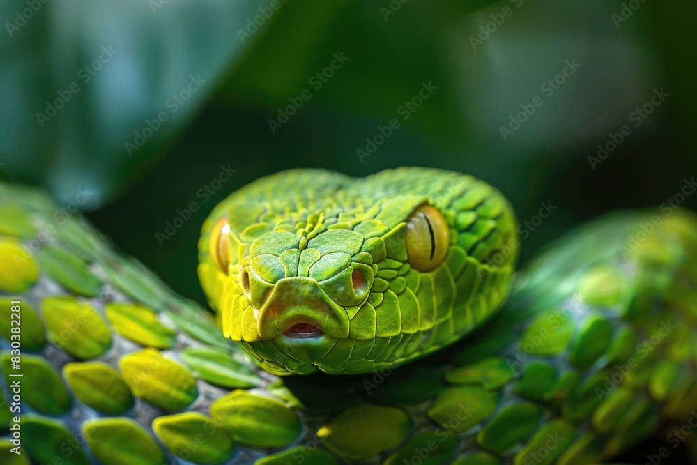 Detailed close up of a green snake's head, perfect for nature and wildlife themes Detailed close up of a green snake's head, perfect for nature and wildlife themes