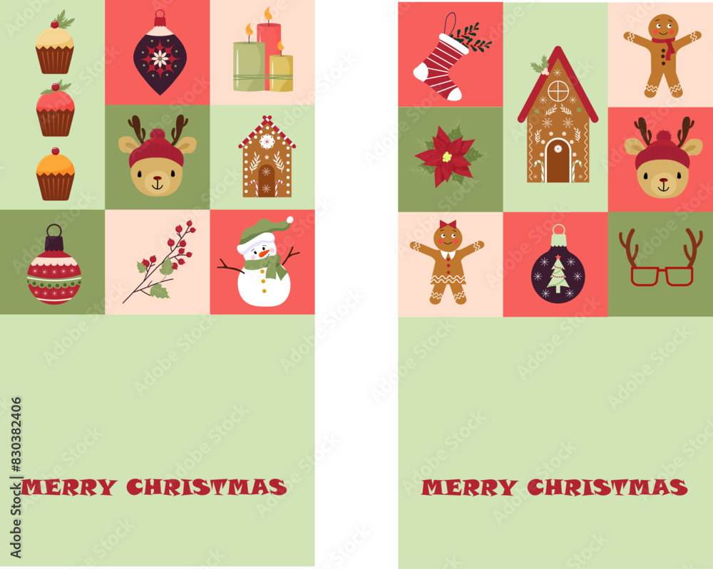 Fototapeta premium Set of cards for Christmas. Sweet muffins and gingerbread house. Gingerbread men and snowman. The muzzle of a deer and a snowman. Christmas elements. Flat style. Vector illustration
