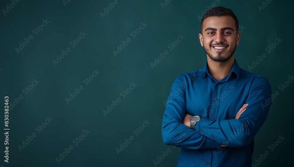 Young happy middle-eastern man standing with his arms crossed against a dark green background Young happy middle-eastern man standing with his arms crossed against a dark green background