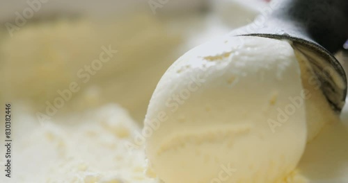 4K footage Close-up Front view, Scoop out vanilla-flavored ice cream.