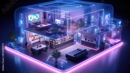 Smart home LED lighting system illustration flat design top view futuristic home theme 3D render Monochromatic Color Scheme