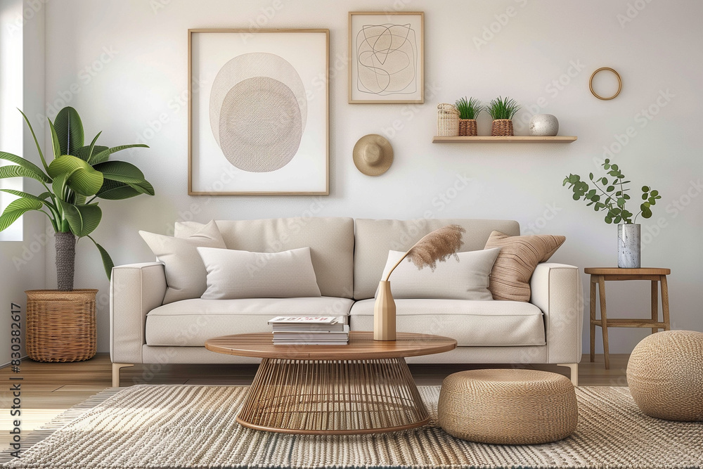 Obraz premium Modern 3d living room in neutral colors, 3d render