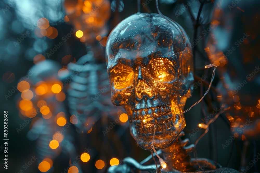 halloween dcor scene, halloween party with eerie decorations glowing string lights and skeletons, creating a spooky atmosphere for a night of celebration halloween dcor scene, halloween party with eerie decorations glowing string lights and skeletons, creating a spooky atmosphere for a night of celebration
