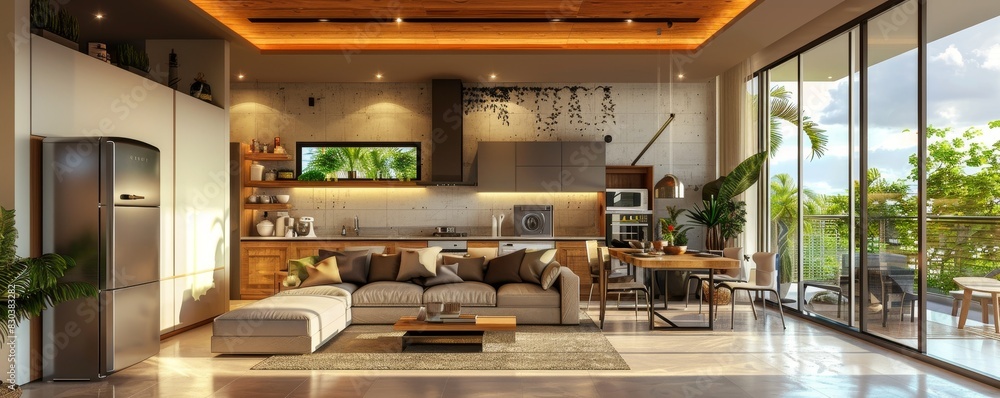 Modern Open-Concept Kitchen and Living Room with Cozy Dining Area Stock ...