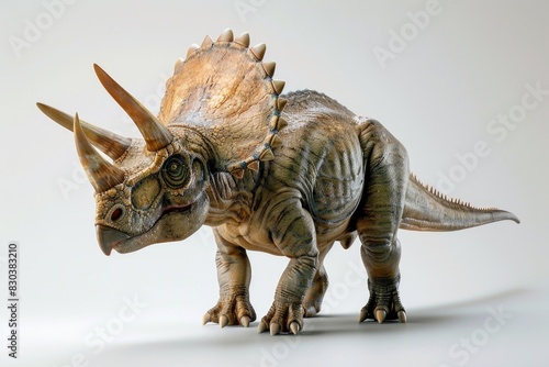 Close up of a toy dinosaur on a white surface  perfect for educational or children s themed designs
