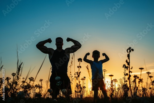 Happy father and son silhouette do muscle, child sitting on his shoulders on the grass at sunset, happy Father's Day, Father's Day concept