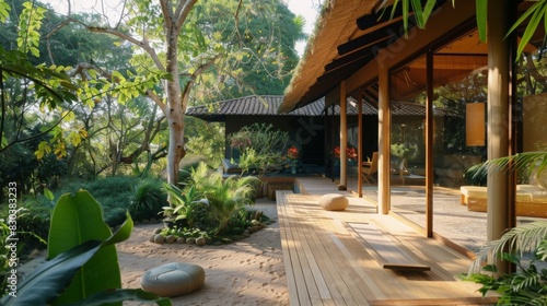 Mindful eco-retreat in a sustainable resort, showcasing eco-friendly accommodations and wellness activities like yoga and meditation, in a pristine natural setting, emphasizing holistic wellness 