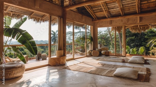 Mindful eco-retreat in a sustainable resort, showcasing eco-friendly accommodations and wellness activities like yoga and meditation, in a pristine natural setting, emphasizing holistic wellness 
