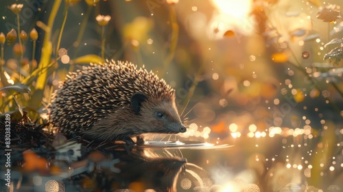 A cute hedgehog sitting on top of a small puddle. Suitable for nature or animal themes