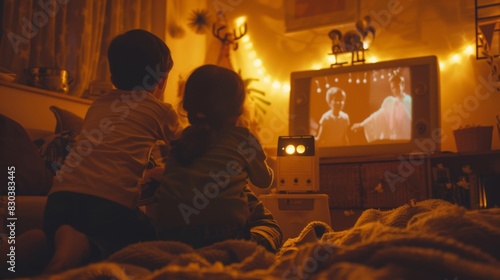 Nostalgic family movie night, capturing the joy of gathering together to watch classic films on a retro projector, with popcorn and cozy blankets, emphasizing quality time and shared memories 