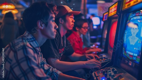 Nostalgic retro gaming tournament, capturing the excitement of gamers competing in classic arcade games, with vintage consoles and nostalgic decor, emphasizing gaming culture and camaraderie 