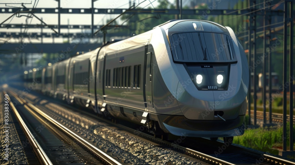 Fototapeta premium the electric multiple units (EMUs) powering forward with precision, distributing power efficiently for seamless acceleration and deceleration. --ar 16:9 --style raw