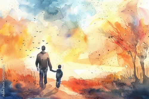 A painting of a father and son walking down a path. Suitable for family, nature, and bonding concepts