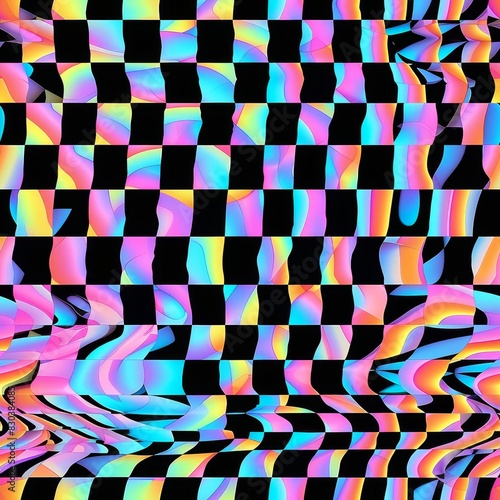 Abstract checkerboard illustration with holographic colors, seamless tile pattern