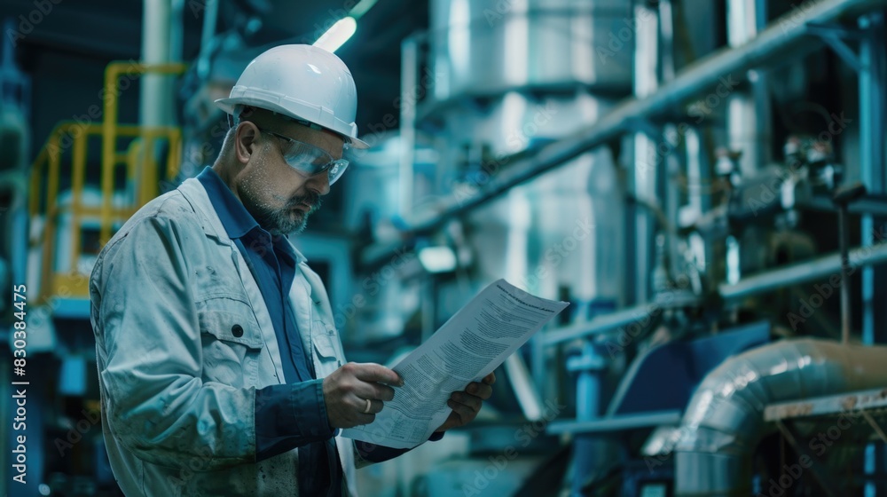 A man in a hard hat reading a piece of paper. Suitable for construction or business concepts A man in a hard hat reading a piece of paper. Suitable for construction or business concepts