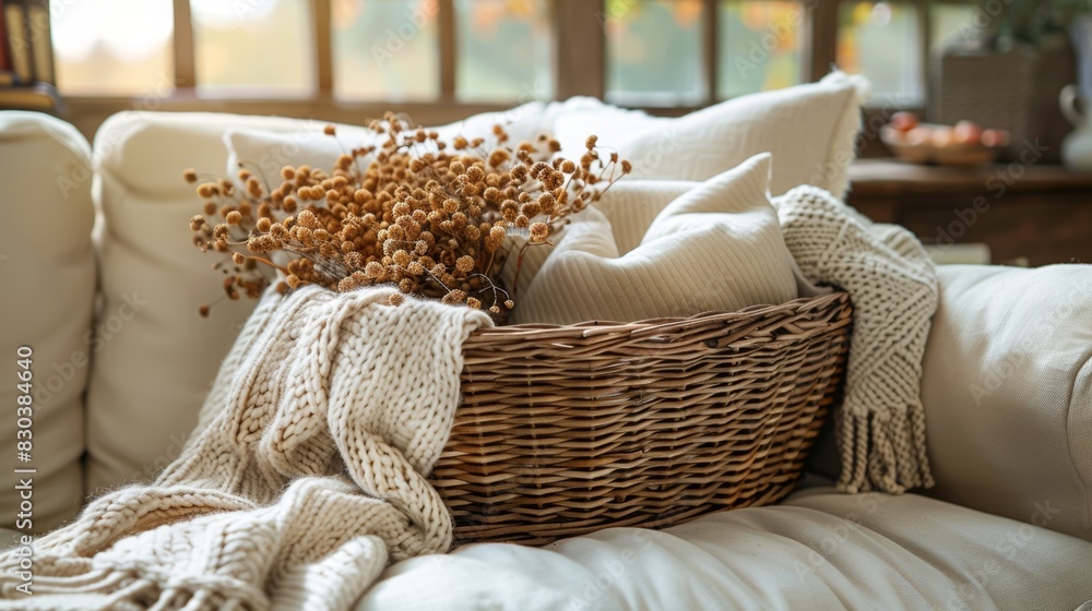 Obraz premium cozy home decor featuring a wicker basket filled with blankets and cushions on a linen sofa, embracing the kinfolk interior design aesthetic