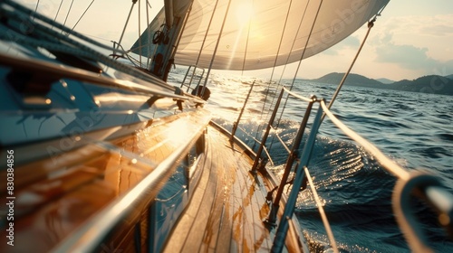 A sailboat sailing in the open ocean, perfect for travel brochures or nautical themed designs