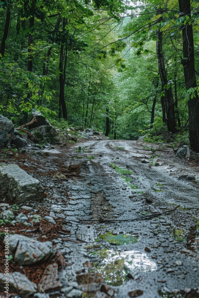 A peaceful dirt road winding through a dense forest. Suitable for nature or travel themes