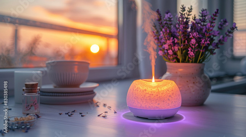 home fragrance products, an aroma diffuser fills the room with a gentle lavender mist, creating a luxurious ambiance in the home photo