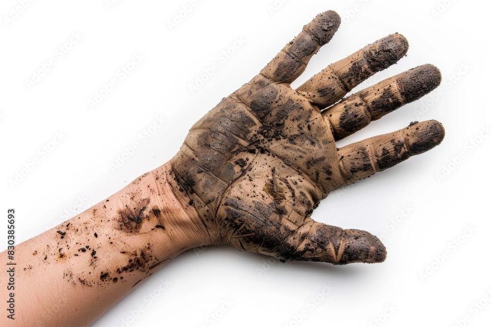 Close-up of a person's hand with mud on it. Can be used in gardening or outdoor activities Close-up of a person's hand with mud on it. Can be used in gardening or outdoor activities
