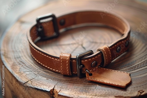 Close up of a leather bracelet on a rustic wooden table, perfect for fashion or accessory concept