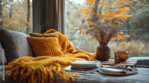 warm blankets and a book on the coffee table in a cozy fall living room, capturing the autumn vibe with space for text photo