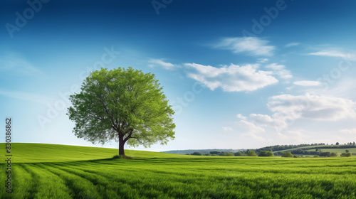 Green field, tree and blue sky.Great as a background,web banner 