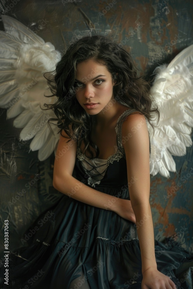 A beautiful young woman wearing a black dress and white wings. Suitable for angelic or fantasy themed projects A beautiful young woman wearing a black dress and white wings. Suitable for angelic or fantasy themed projects