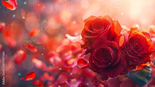 Close up heart with red roses  copy space  warm colors  Double exposure silhouette with petals 