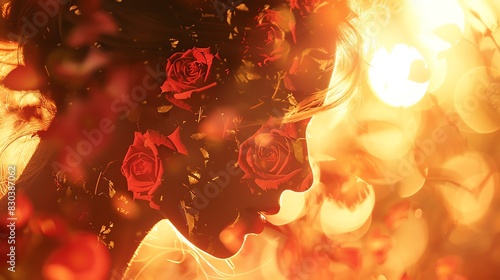 Close up heart with red roses, copy space, warm colors, Double exposure silhouette with petals, photo