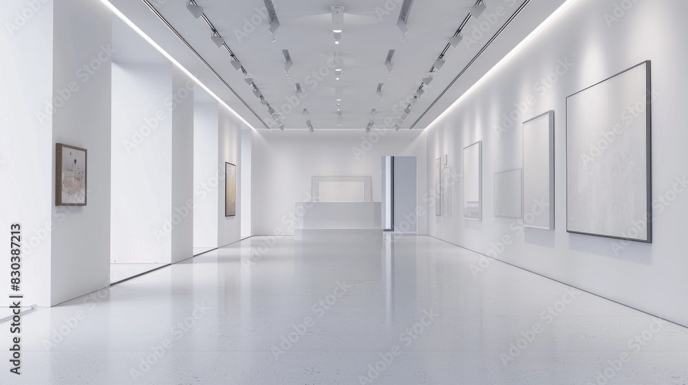 Fototapeta premium A pristine white gallery space with minimalist decor and soft lighting, providing an ideal setting for showcasing artwork and creative installations.