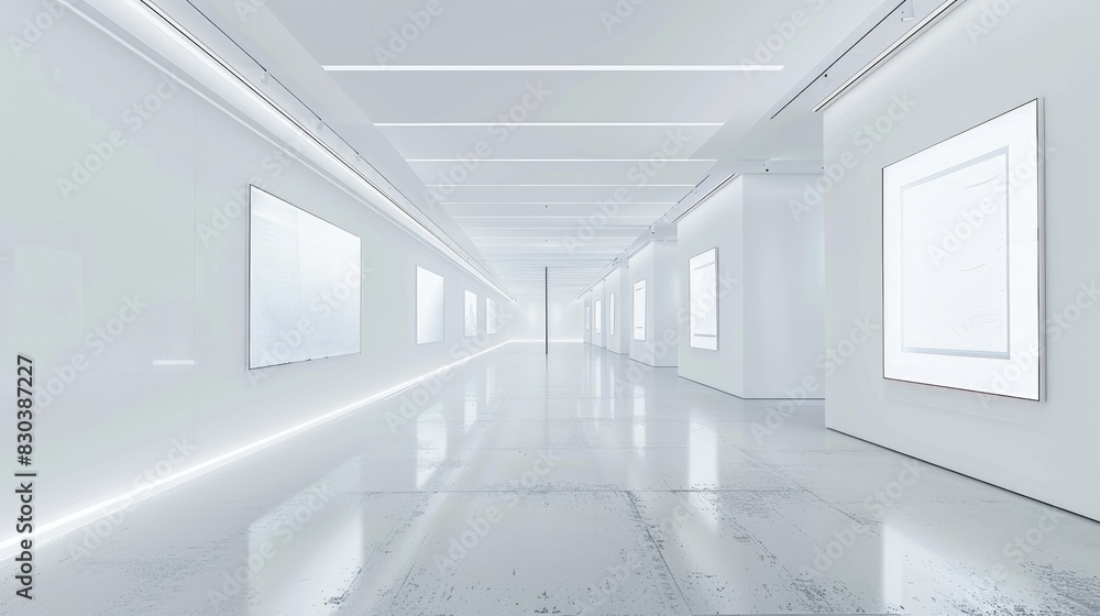 A pristine white gallery space with minimalist decor and soft lighting, providing an ideal setting for showcasing artwork and creative installations. A pristine white gallery space with minimalist decor and soft lighting, providing an ideal setting for showcasing artwork and creative installations.