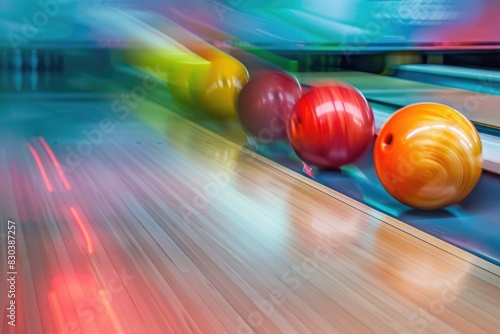 Row of colorful bowling balls on wooden lane. Perfect for sports and leisure concepts