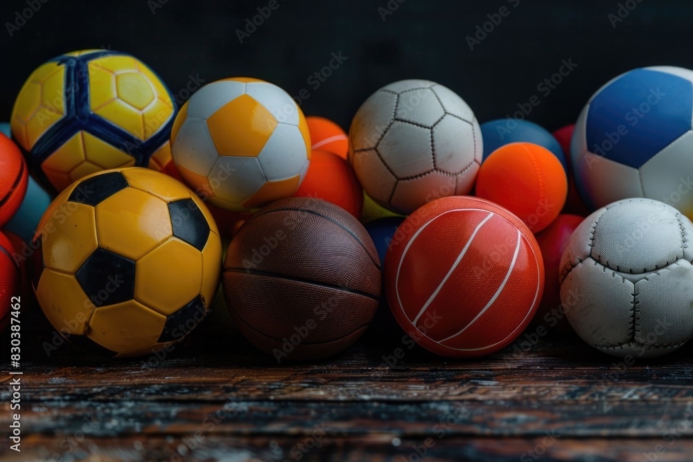 Various types of colorful balls on a table, ideal for sports or games concept