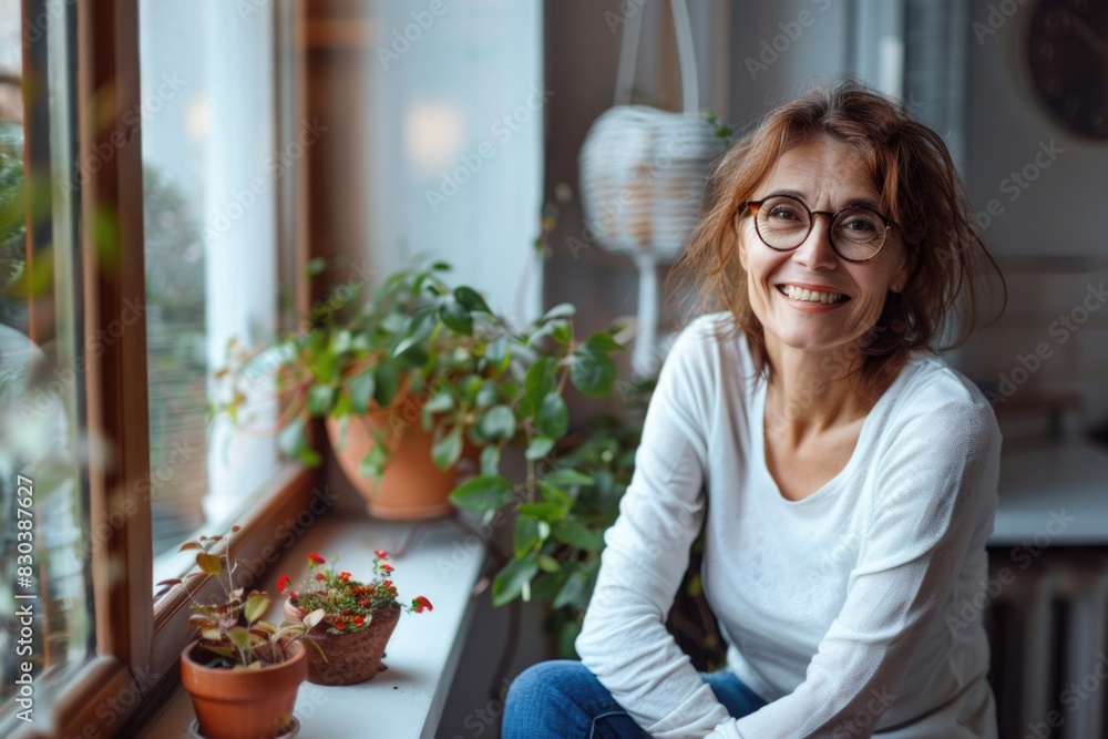 A woman sitting on a window sill next to a potted plant. Suitable for interior design concepts A woman sitting on a window sill next to a potted plant. Suitable for interior design concepts