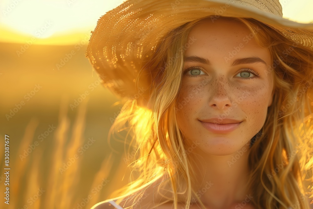 Woman in straw hat with golden backlight Woman in straw hat with golden backlight