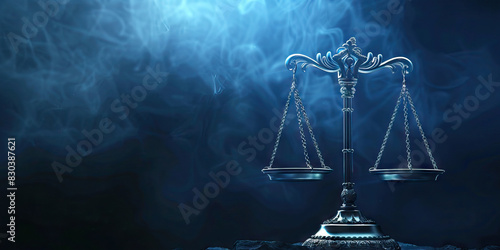 Weighty Scales of Justice: Depicting the symbol of scales, as a representation of the pursuit for fairness and equal treatment in society, resting on a dark wooden background. photo