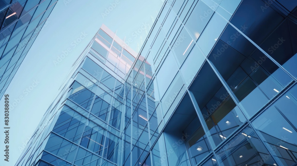Obraz premium A tall glass building with a clock on top. Suitable for business and architecture concepts