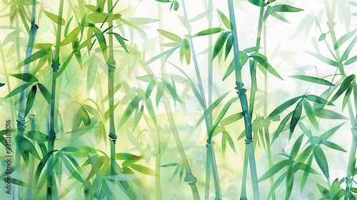 serene bamboo grove with tall slender stems and lush green leaves watercolor illustration