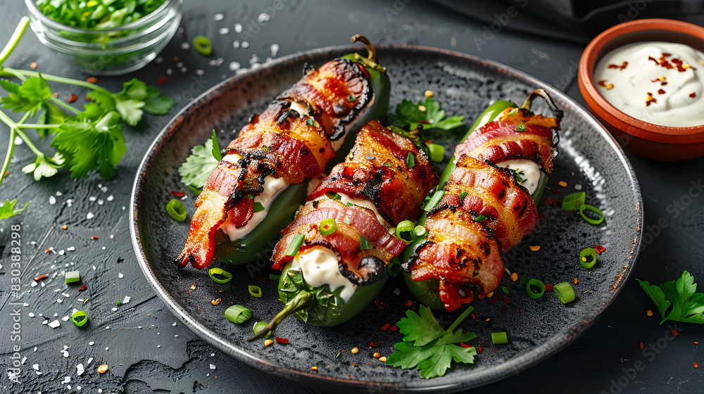 Jalapeno poppers stuffed with cream cheese and wrapped in bacon, served with ranch dressing. Jalapeno poppers stuffed with cream cheese and wrapped in bacon, served with ranch dressing.