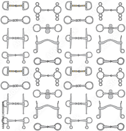 Vector seamless pattern of hand drawn sketch doodle colored horse equestrian bits isolated on white background