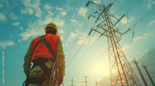 technician in safety harness inspecting highvoltage power lines energy industry photo