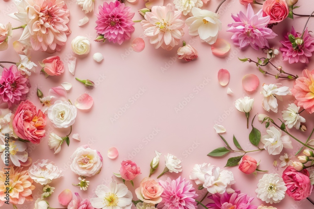 Blooms arranged in a circular pattern on a solid surface, forming a visually appealing frame with negative space in the center, perfect for adding text or graphics in a whimsical and feminine style. Blooms arranged in a circular pattern on a solid surface, forming a visually appealing frame with negative space in the center, perfect for adding text or graphics in a whimsical and feminine style.