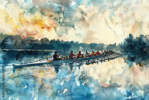 A watercolor painting of a rowing team on a serene lake. Perfect for sports or nature themes