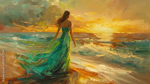 elegant woman in flowing green dress walking along tropical beach at sunset oil painting